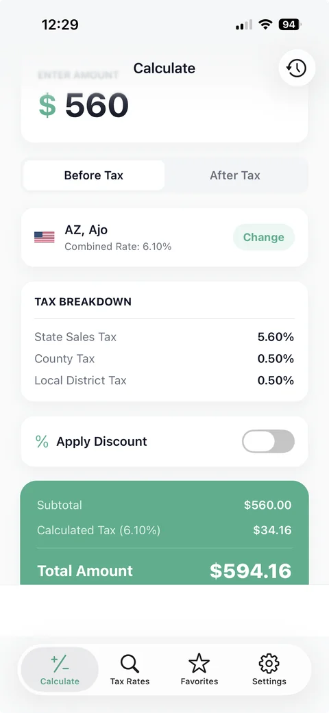 Sales Tax Calculator app showing a tax breakdown and total amount.