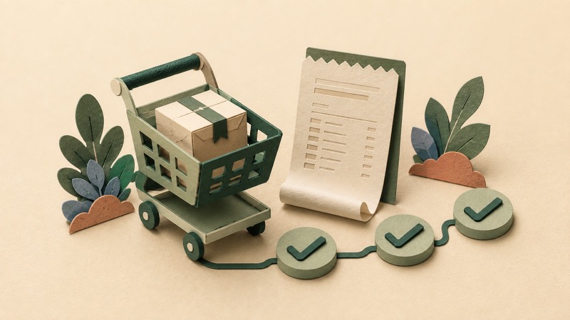 Paper shopping cart, receipt, and checkmarks illustrating checkout tax verification