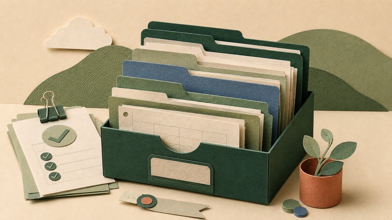 Layered paper folders and indexed invoices illustrating organized sales tax records